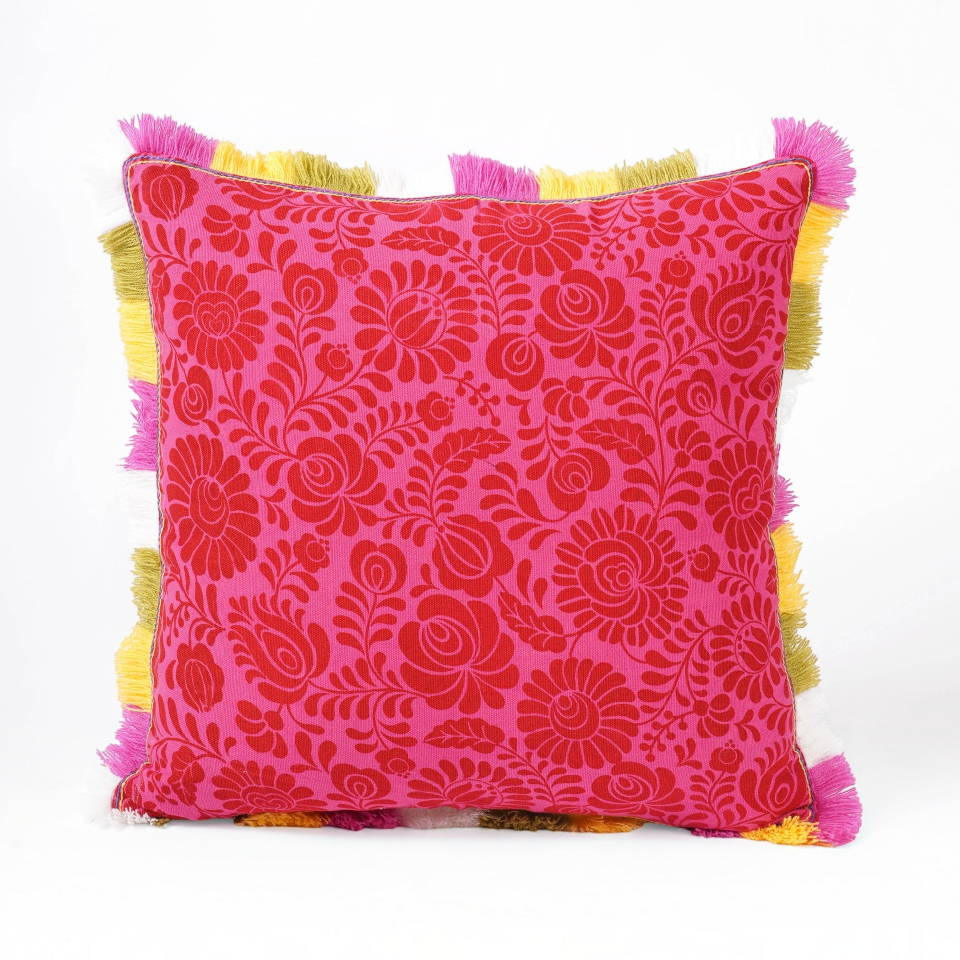 MATYO - Hot Pink printed cotton Pillow cover with multicolour acrylic fringe, sizes available - Vliving
