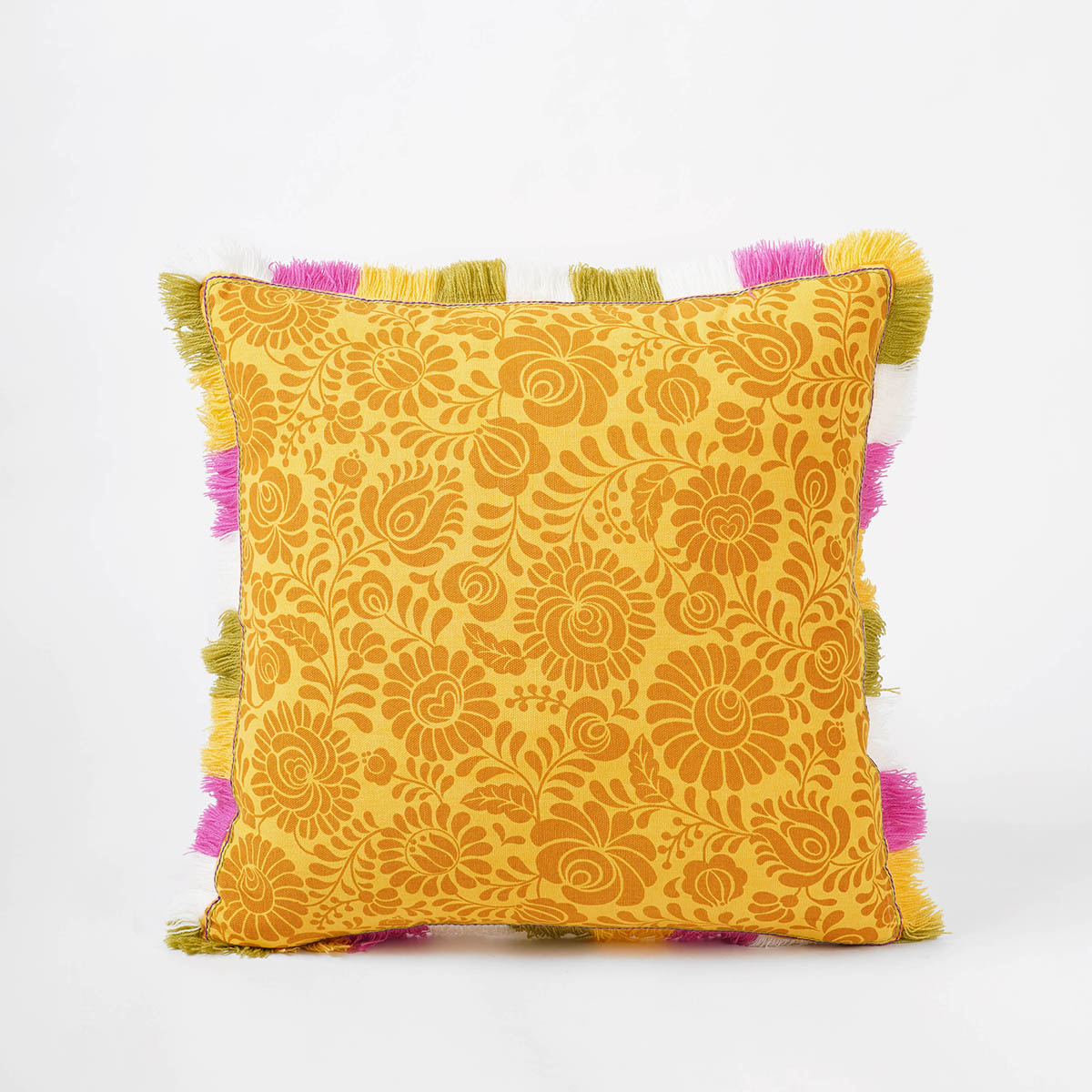 MATYO - Yellow printed cotton Pillow cover with multicolour acrylic fringe, sizes available