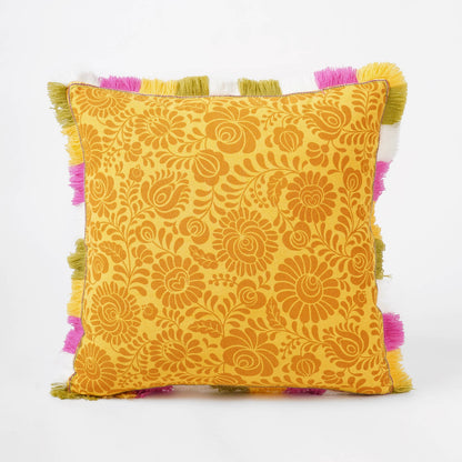 MATYO - Yellow printed cotton Pillow cover with multicolour acrylic fringe, sizes available - Vliving