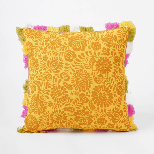 MATYO - Yellow printed cotton Pillow cover with multicolour acrylic fringe, sizes available