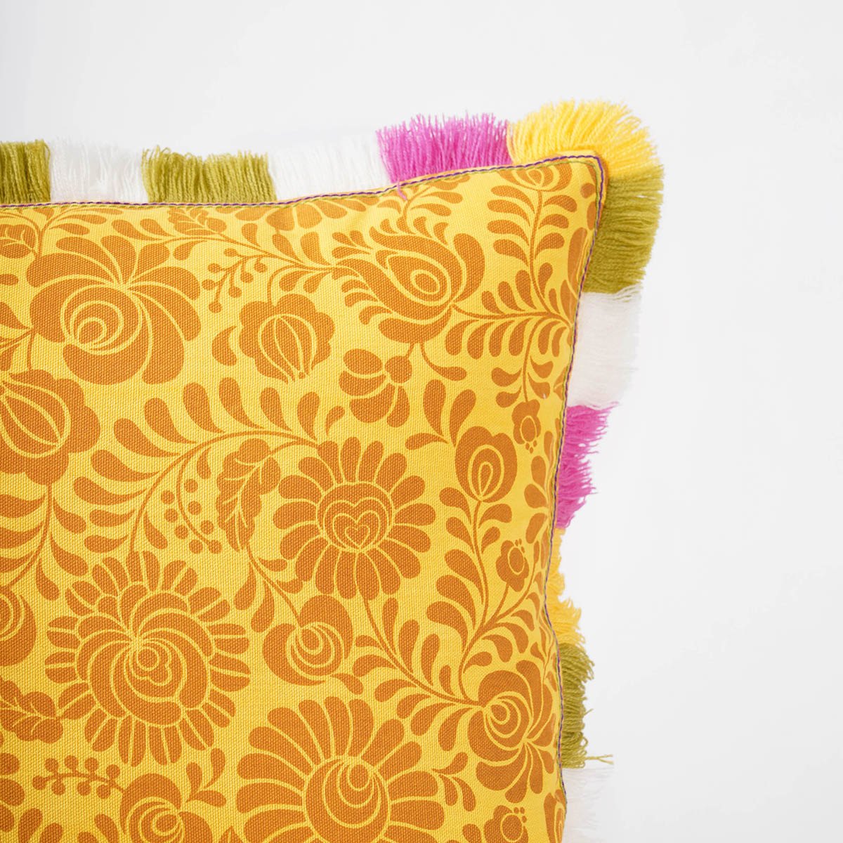 MATYO - Yellow printed cotton Pillow cover with multicolour acrylic fringe, sizes available