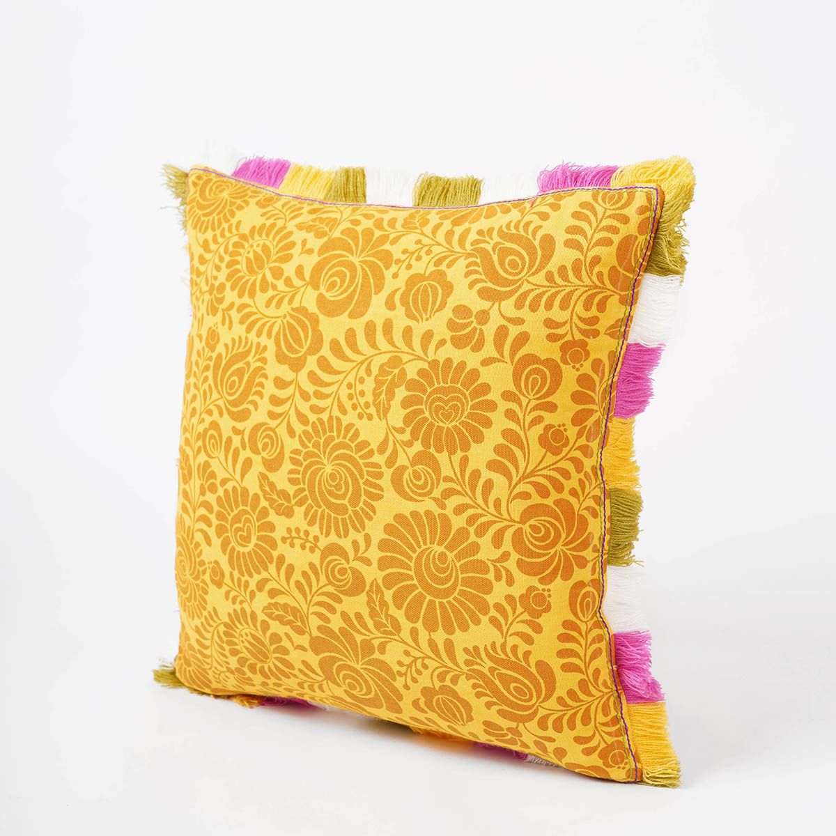 MATYO - Yellow printed cotton Pillow cover with multicolour acrylic fringe, sizes available