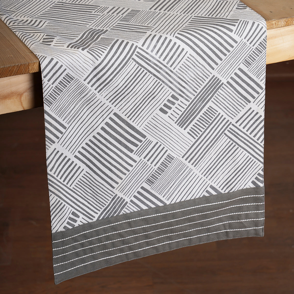 MODERN RETRO - Grey cotton Table runner, stripe print with border and embroidery, sizes available