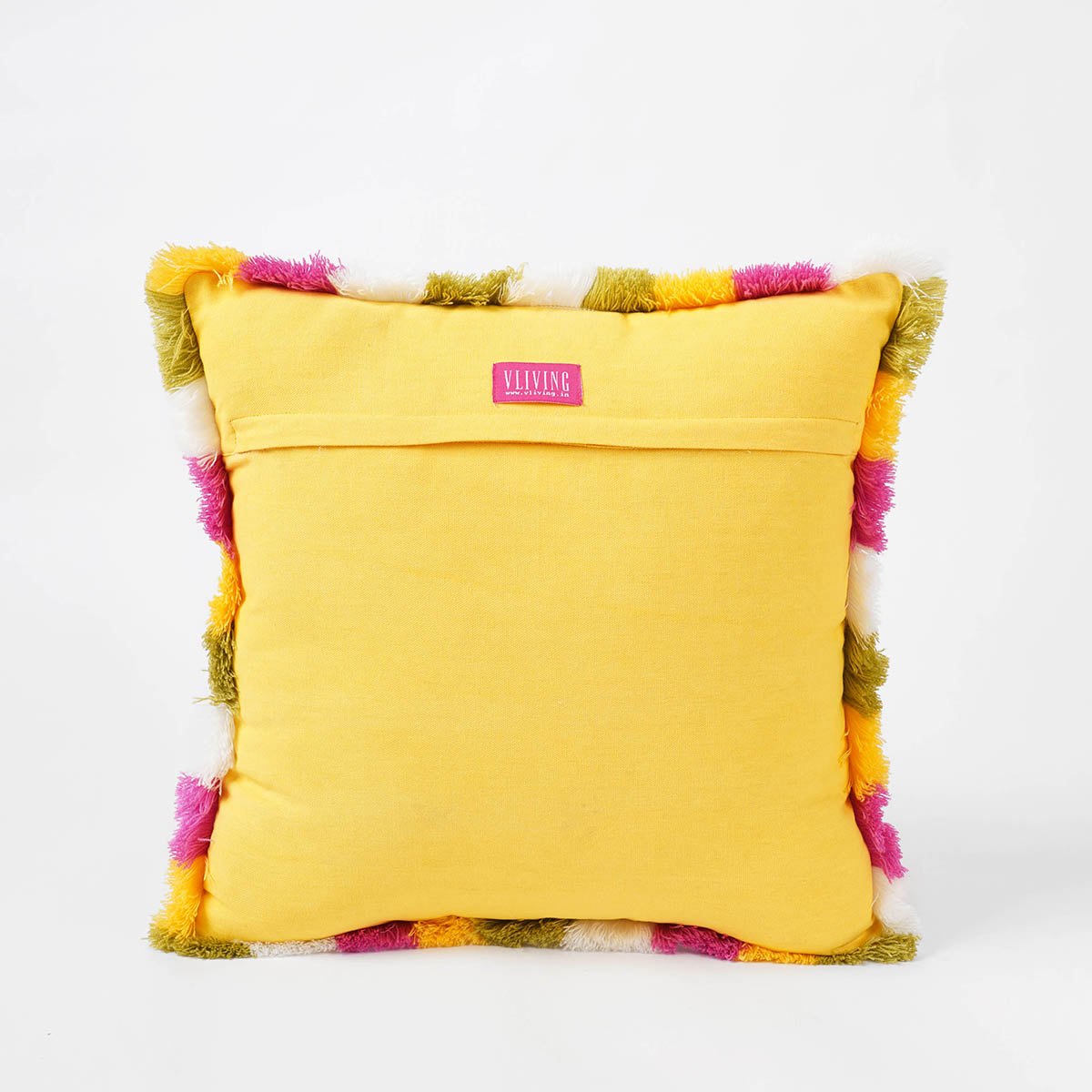 MATYO - Yellow printed cotton Pillow cover with multicolour acrylic fringe, sizes available