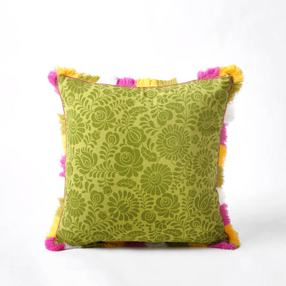 MATYO - Green printed cotton Pillow cover with multicolour acrylic fringe, sizes available