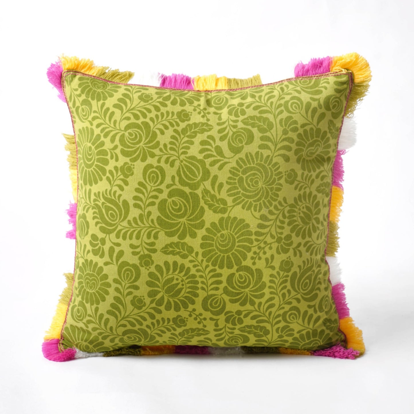 MATYO - Green printed cotton Pillow cover with multicolour acrylic fringe, sizes available - Vliving