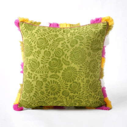 MATYO - Green printed cotton Pillow cover with multicolour acrylic fringe, sizes available - Vliving