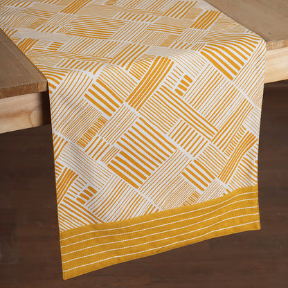 MODERN RETRO - Mustard Yellow cotton Table runner, stripe print with border and embroidery, sizes available
