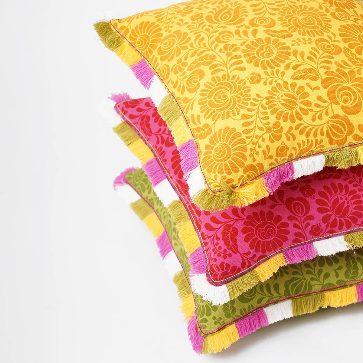 MATYO - Yellow printed cotton Pillow cover with multicolour acrylic fringe, sizes available