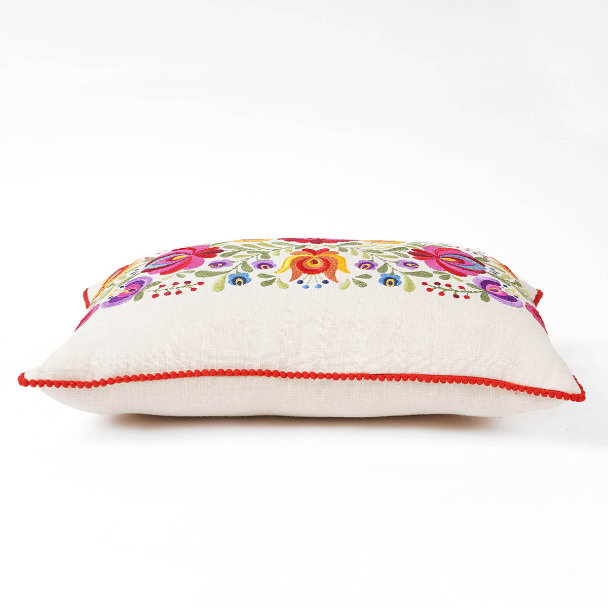 MATYO - Embroidered Oblong cotton Pillow cover with red micro pompom lace, sizes available