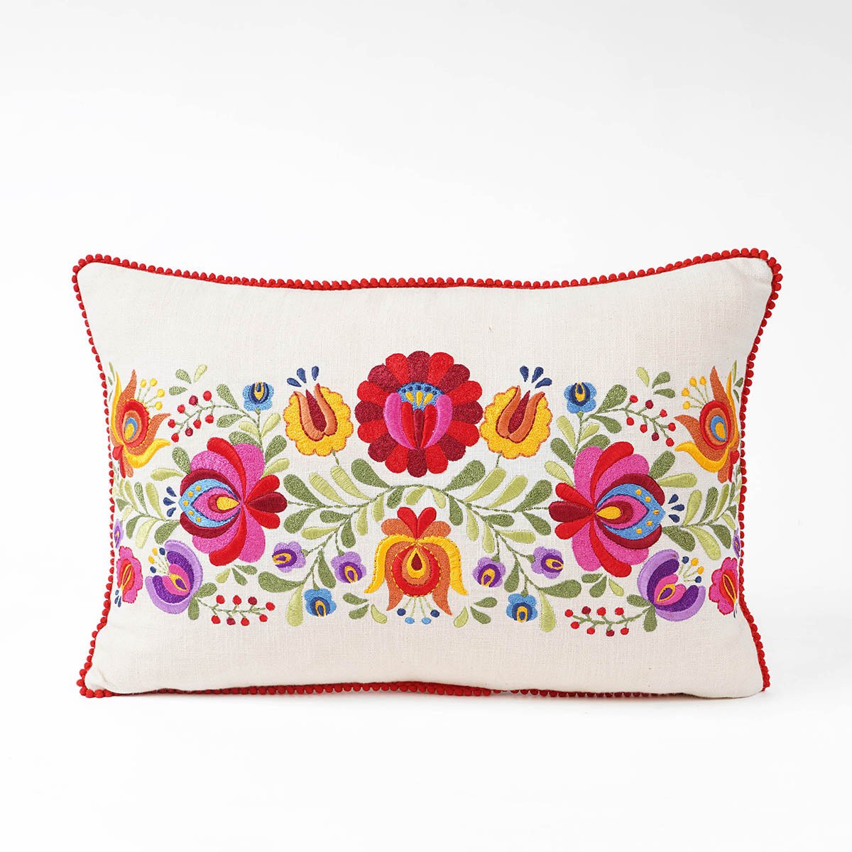 MATYO - Embroidered Oblong cotton Pillow cover with red micro pompom lace, sizes available