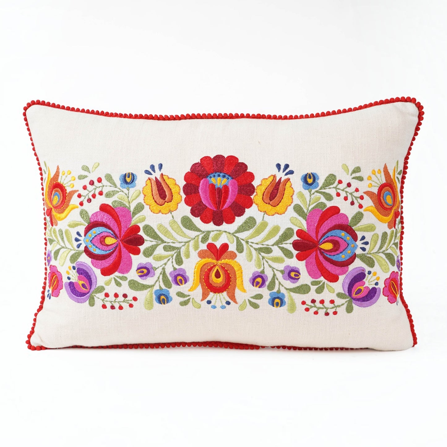 MATYO - Embroidered Oblong cotton Pillow cover with red micro pompom lace, sizes available - Vliving