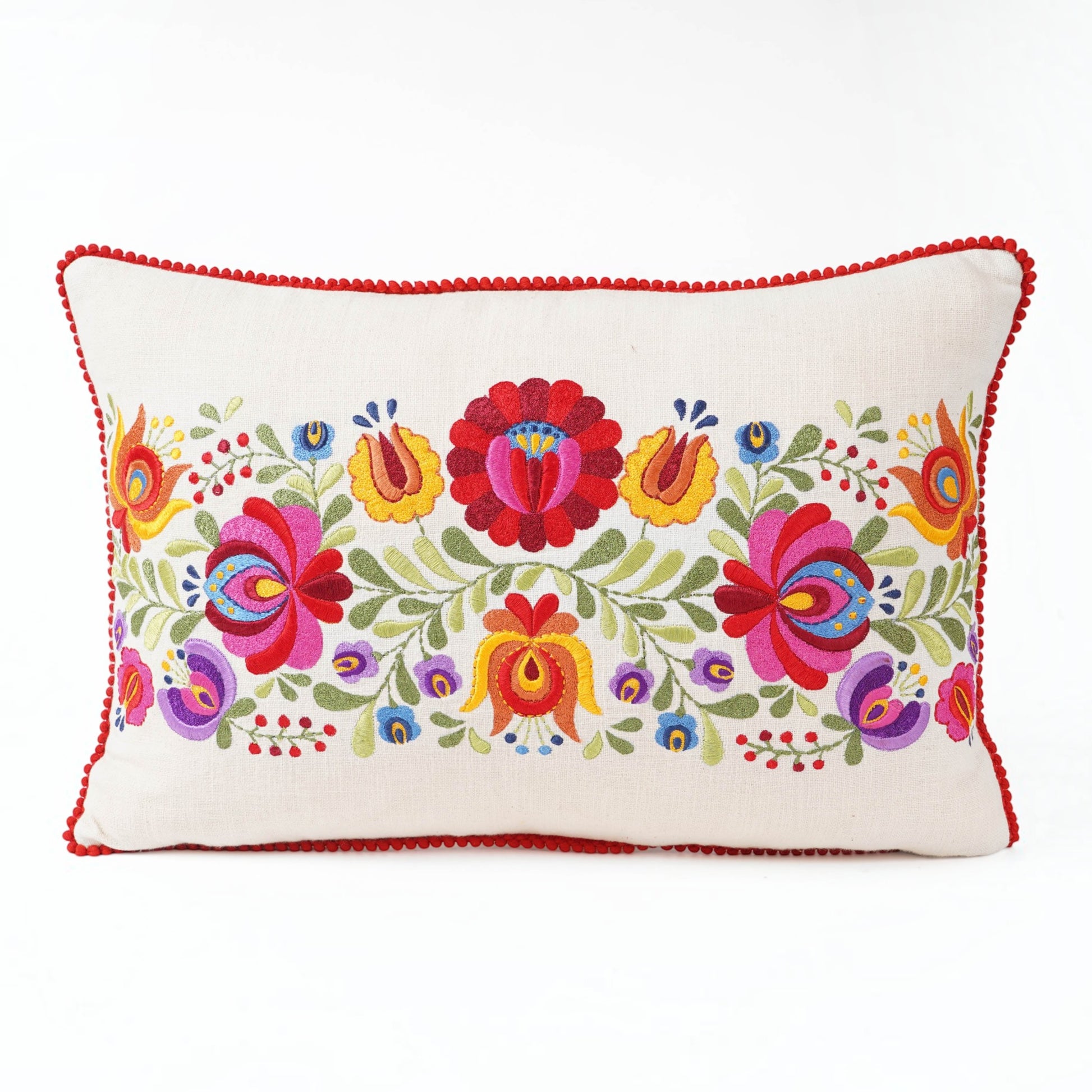 MATYO - Embroidered Oblong cotton Pillow cover with red micro pompom lace, sizes available - Vliving