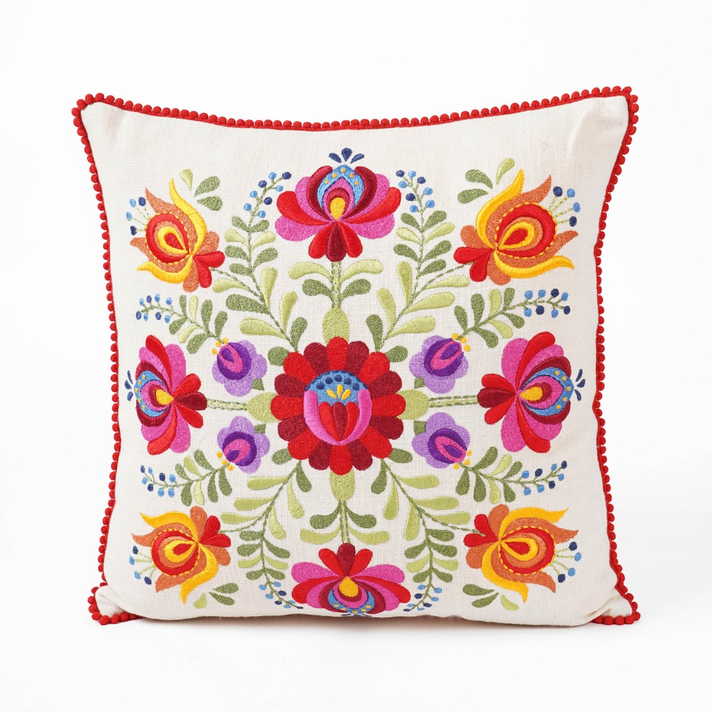 MATYO - Embroidered Square cotton Pillow cover with red micro pompom lace, sizes available - Vliving
