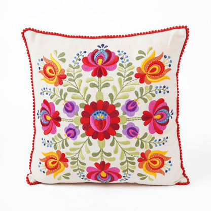 MATYO - Embroidered Square cotton Pillow cover with red micro pompom lace, sizes available - Vliving