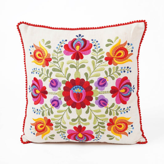 MATYO - Embroidered Square cotton Pillow cover with red micro pompom lace, sizes available