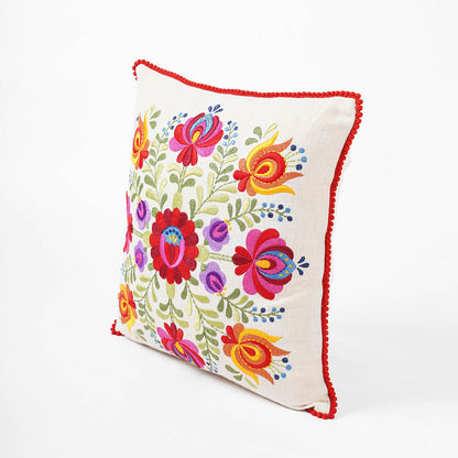 MATYO - Embroidered Square cotton Pillow cover with red micro pompom lace, sizes available