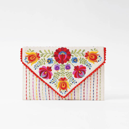 Matyo - Off white colour Embroidered Envelope clutch, foldover purse,6X9 inches