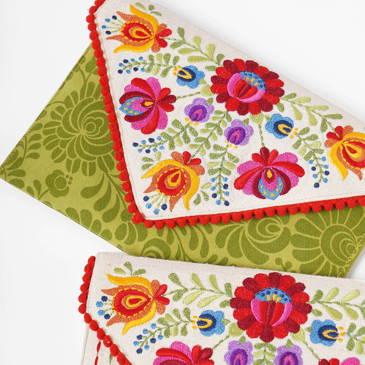 Matyo - Green colour Printed and Embroidered Envelope clutch, foldover purse,6X9 inches