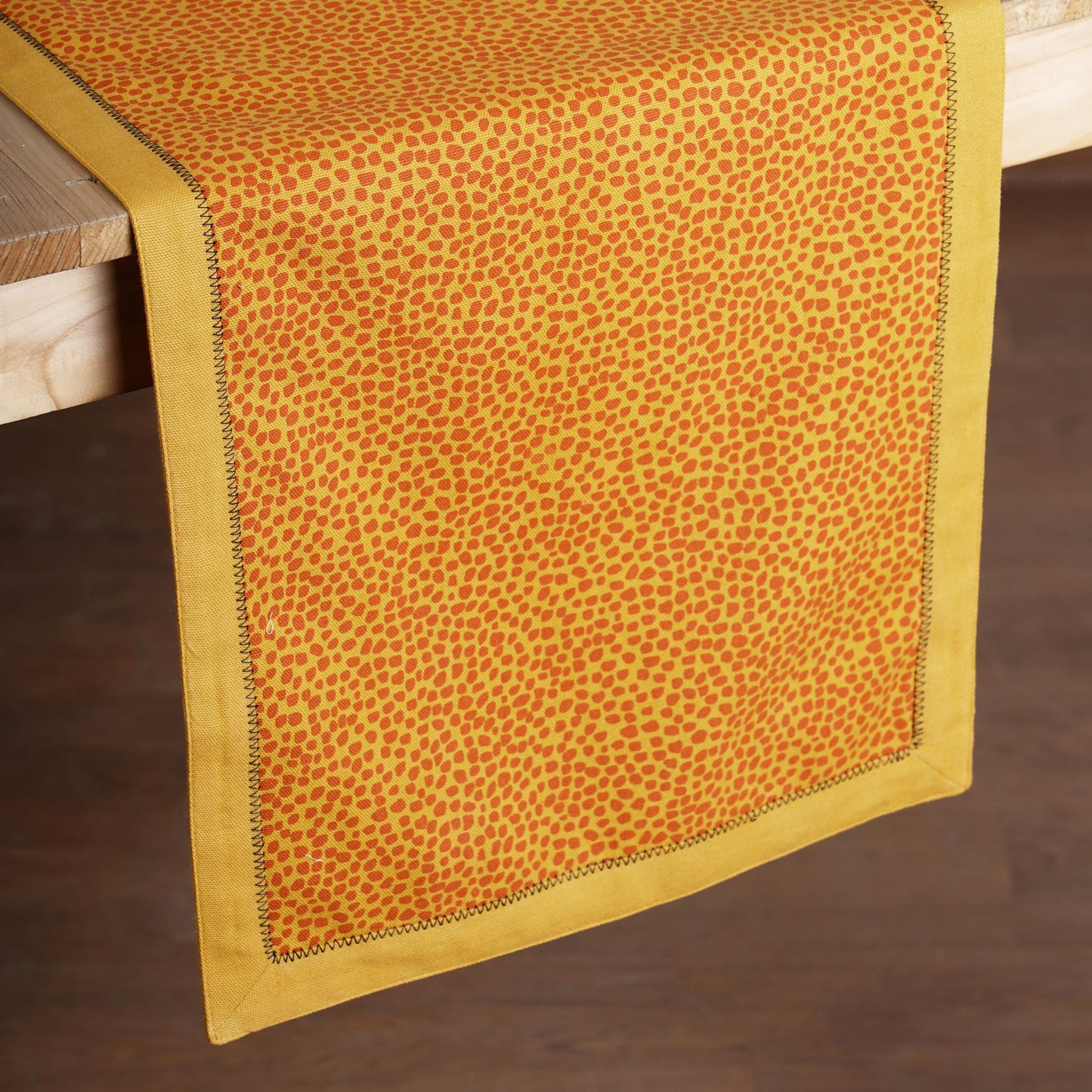 MODERN RETRO - Mustard yellow cotton Table runner, dot print with border and embroidery, sizes available