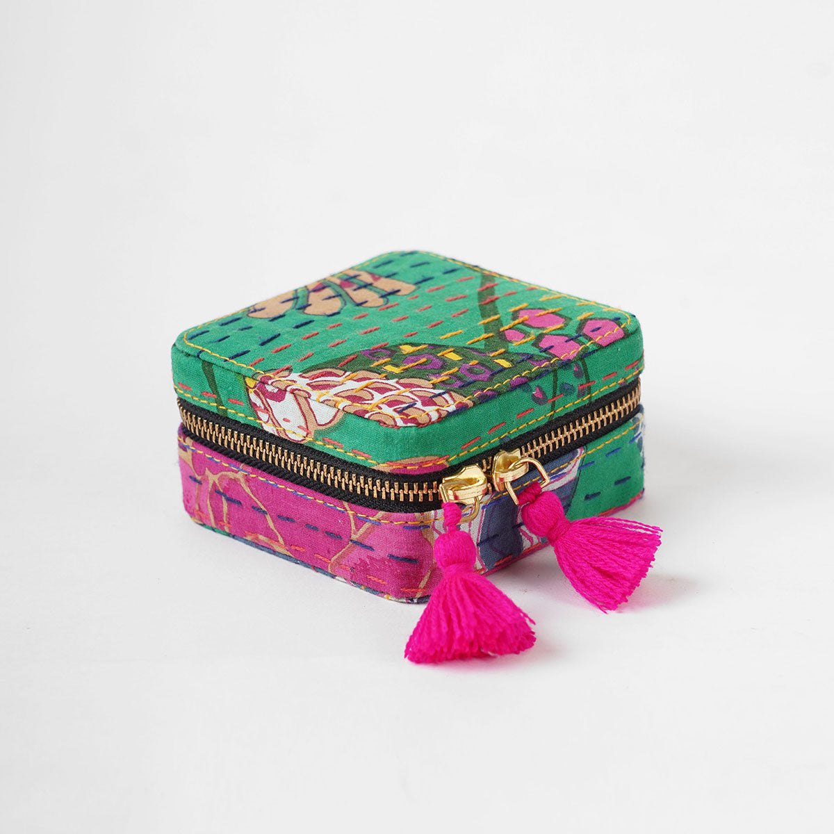 Kantha Tropical Green Square Jewellery Box