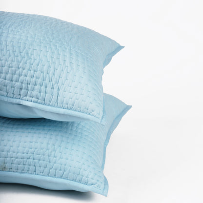 Blue 300TC cotton satin quilted pillow covers, Kantha stripe quilting pattern, Sizes available