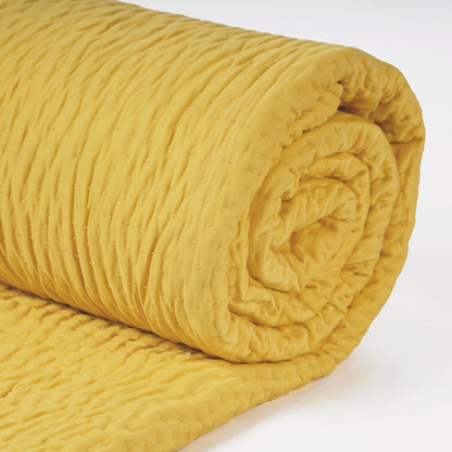 Yellow 300TC quilted bedspread, stripe pattern, cotton kantha quilt, Sizes available