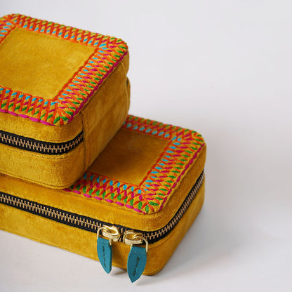 Mustard Velvet Square Embroidered Jewellery box