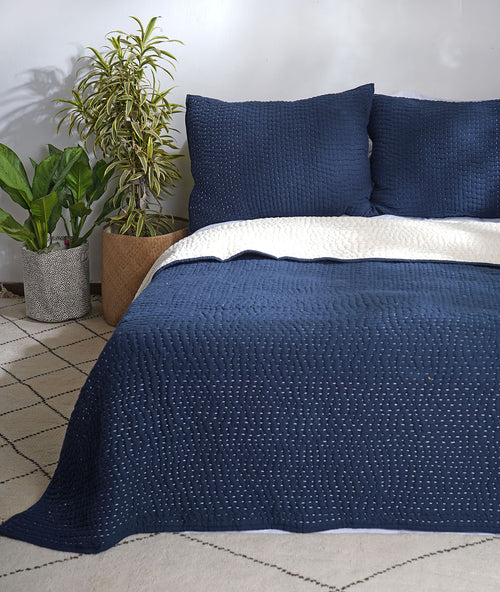 Indigo Kantha quilts and pillow shams - hand quilted 4 layer muslin gauze with cotton wadding, sizes available