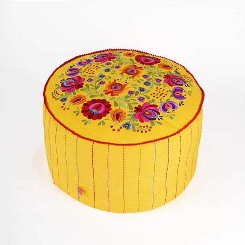 Matyo - Embroidered boho pouf cover, Yellow with multicolour rose embroidery ottoman cover