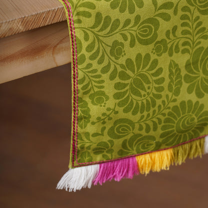 Matyo - Green printed cotton Table runner with multicolour acrylic fringe, sizes available