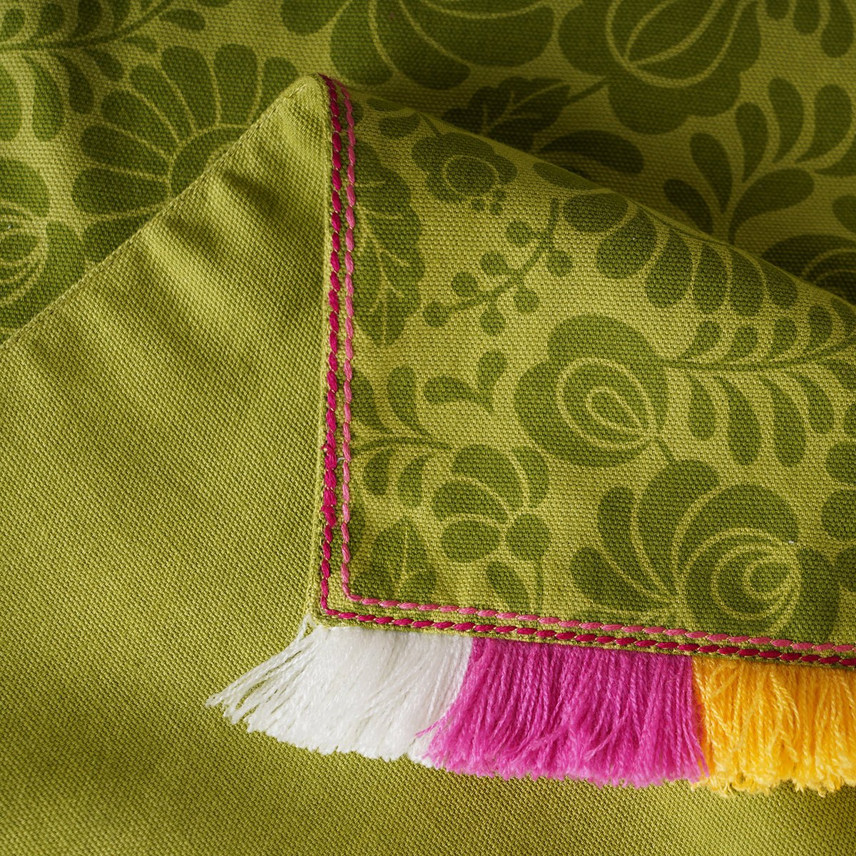 Matyo - Green printed cotton Table runner with multicolour acrylic fringe, sizes available