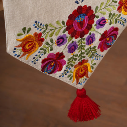 Matyo - Off white slub cotton Table runner with multicolour embroidery, sizes available