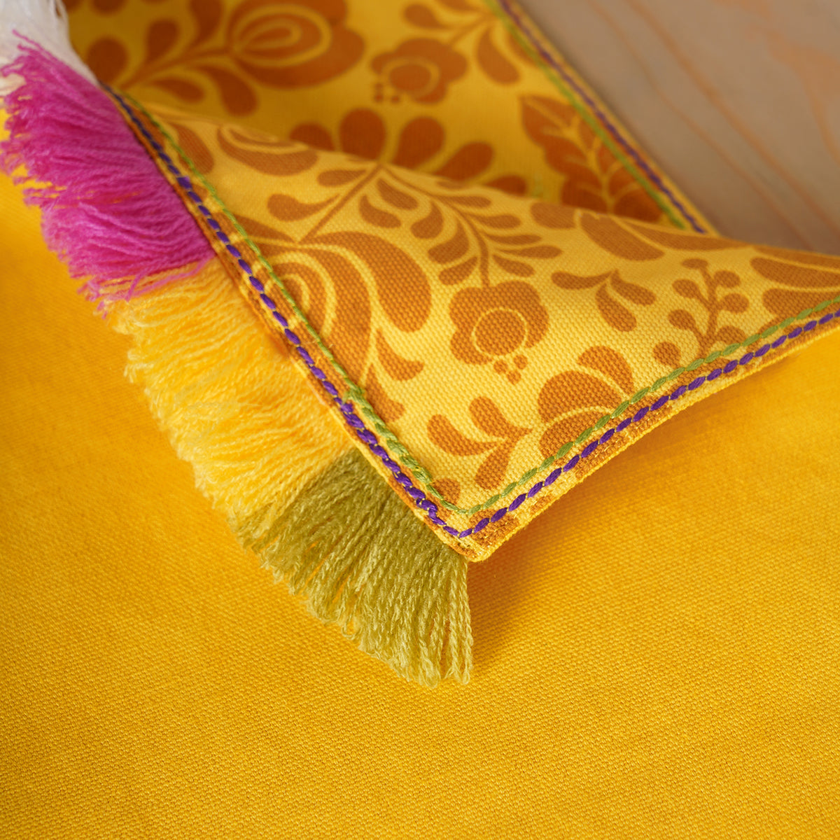 Matyo - Yellow printed cotton Table runner with multicolour acrylic fringe, sizes available