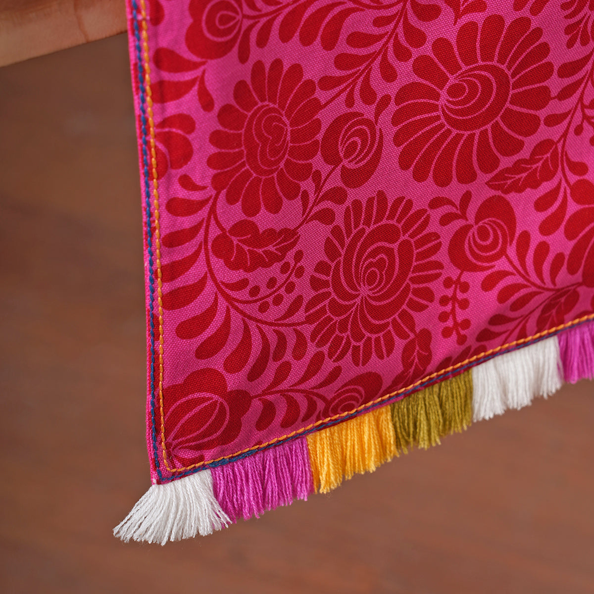 Matyo - Hot Pink printed cotton Table runner with multicolour acrylic fringe, sizes available