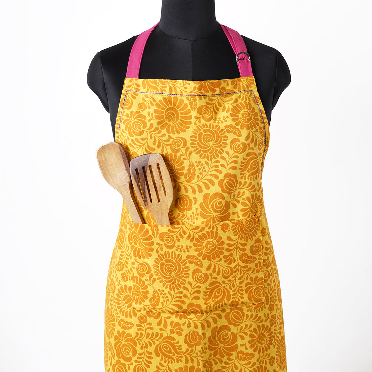 Matyo Yellow color apron, floral print, kitchen accessory, 100% cotton, size 27"X 35"