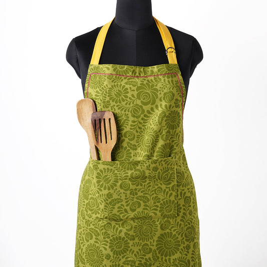 Matyo Green color apron, floral print, kitchen accessory, 100% cotton, size 27"X 35"