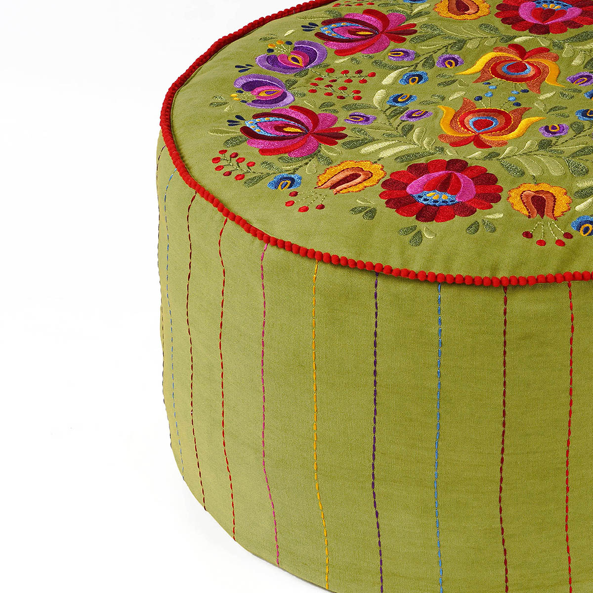 Matyo - Embroidered boho pouf cover, Green with multicolour rose embroidery ottoman cover