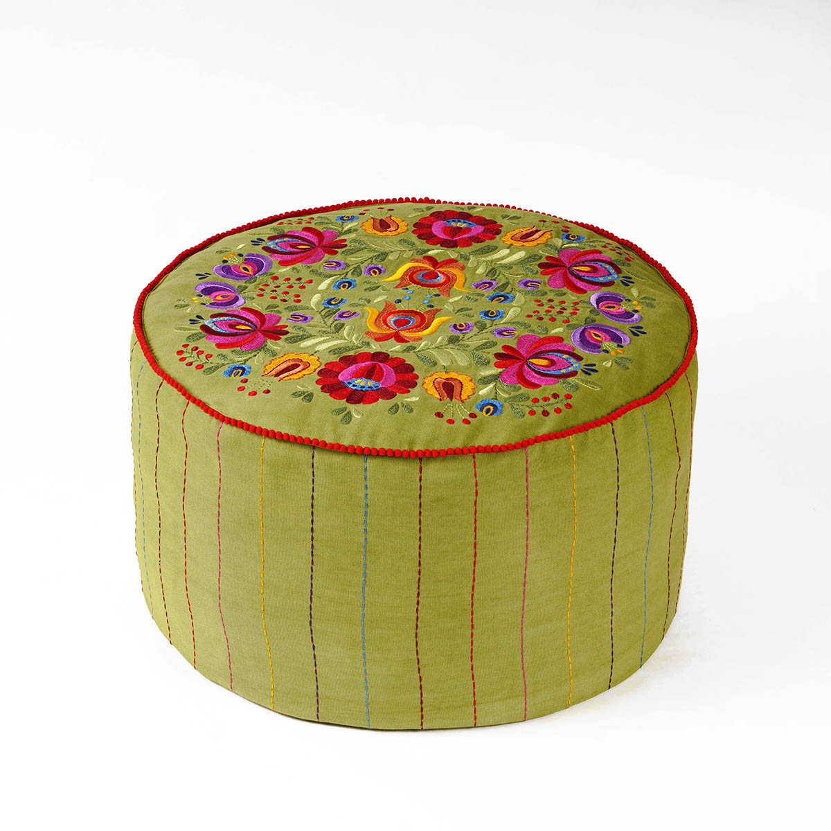 Matyo - Embroidered boho pouf cover, Green with multicolour rose embroidery ottoman cover