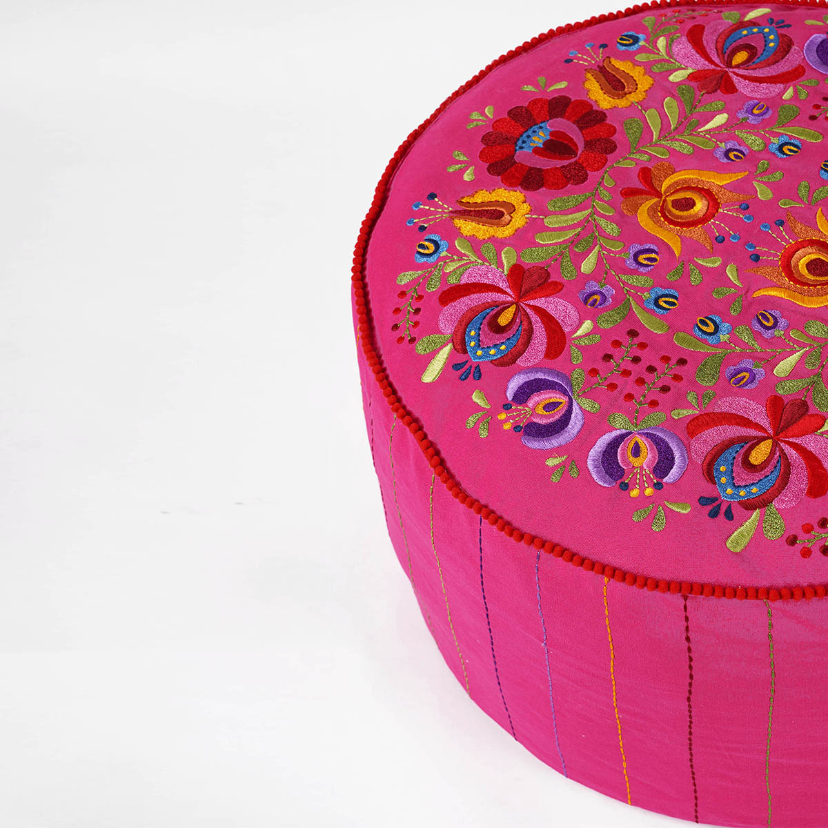 Matyo - Embroidered boho pouf cover, Hot pink with multicolour rose embroidery ottoman cover