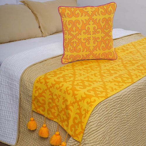 SHYRDAK - Yellow printed cotton Bed runner set - King / Queen / Twin Size