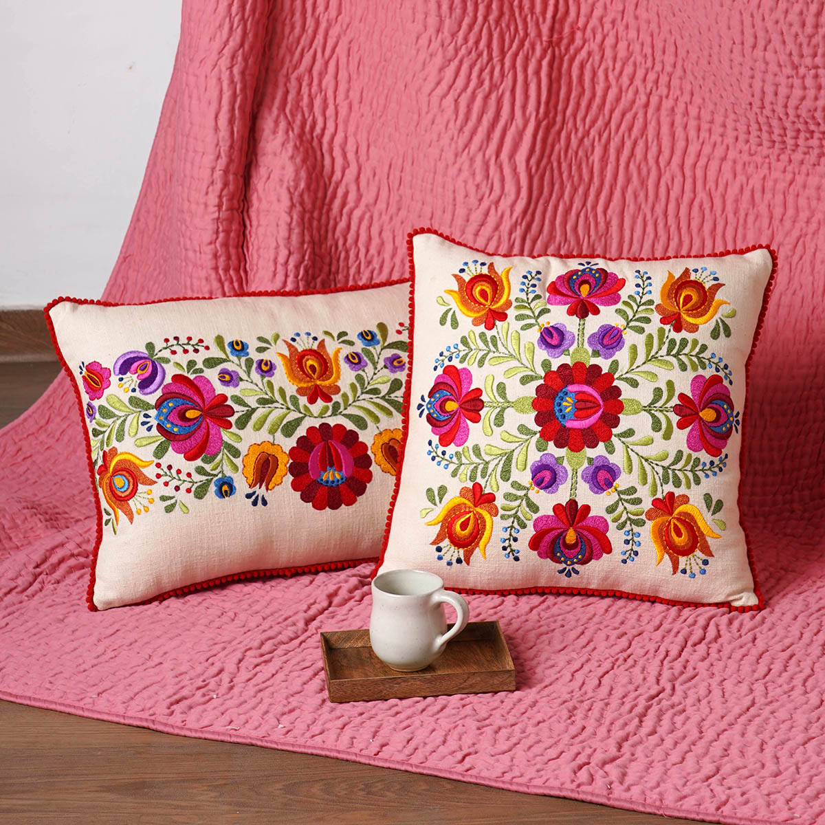 MATYO - Embroidered Square cotton Pillow cover with red micro pompom lace, sizes available