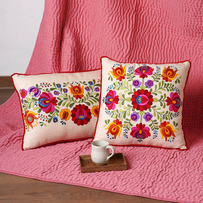 MATYO - Embroidered Oblong cotton Pillow cover with red micro pompom lace, sizes available