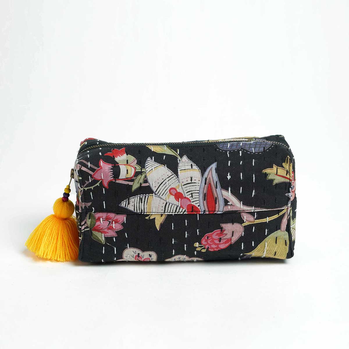 Black toiletry handbag, kantha pouch, make up or cosmetic bag, utility pouch