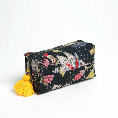 Black toiletry handbag, kantha pouch, make up or cosmetic bag, utility pouch
