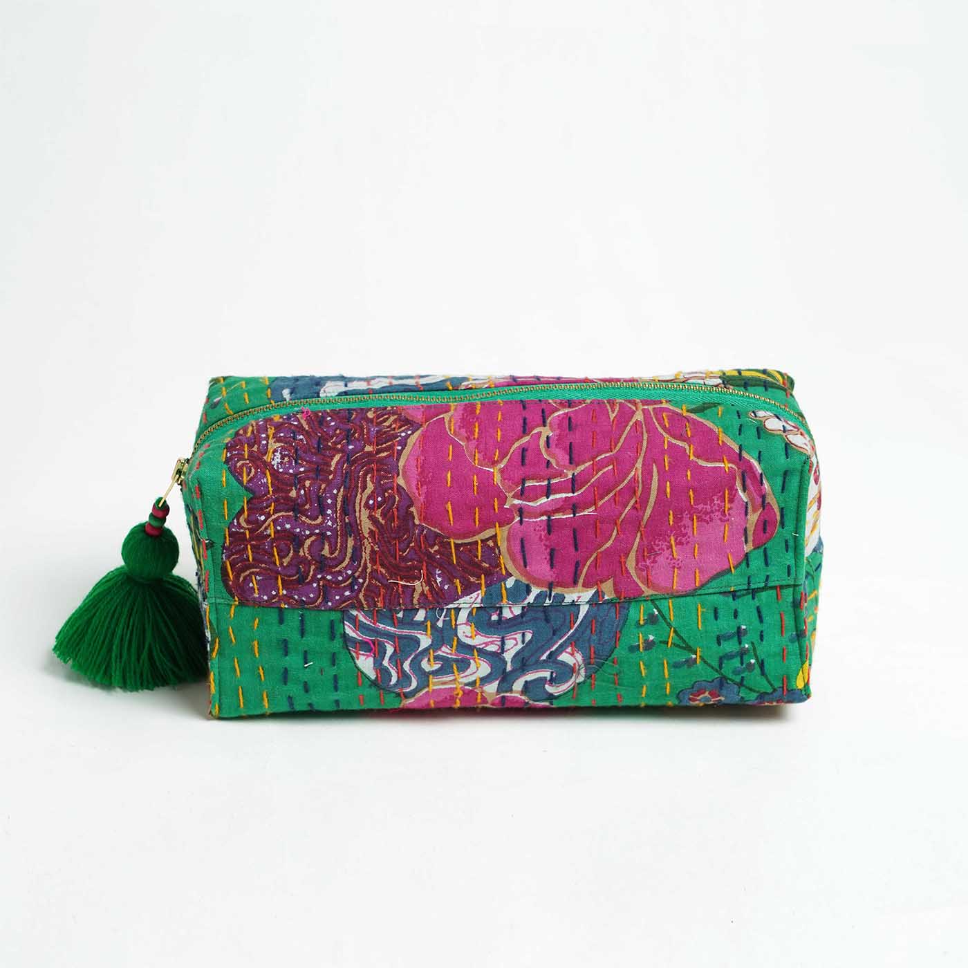 Green printed utility kantha pouch, make up /cosmetic / toiletry bag