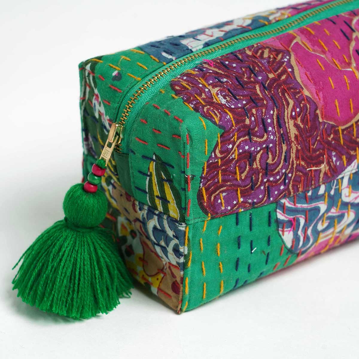 Green printed utility kantha pouch, make up /cosmetic / toiletry bag