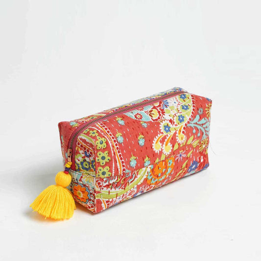 Dark Coral printed utility kantha pouch, make up /cosmetic / toiletry bag