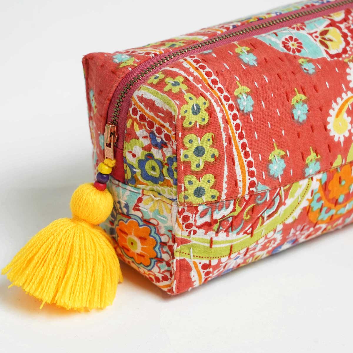 Dark Coral printed utility kantha pouch, make up /cosmetic / toiletry bag