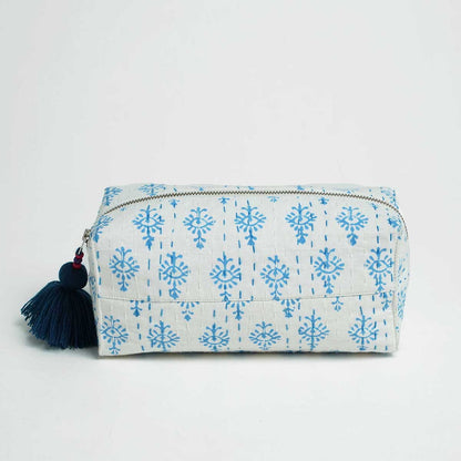 Blue Block printed utility kantha pouch, make up /cosmetic / toiletry bag